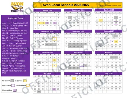 Avon Local Schools 2026-27 calendar