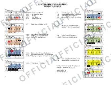 Bedford City School District 2026-27 calendar