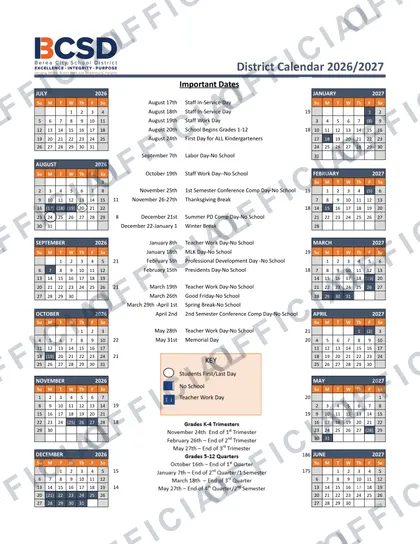 Berea City School District 2026-27 calendar