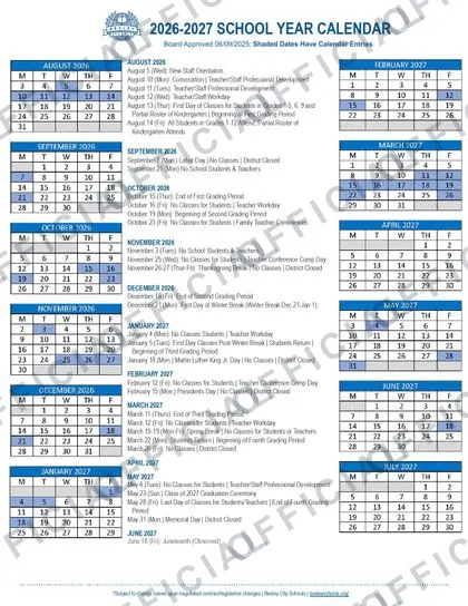 Bexley City Schools District 2026-27 calendar