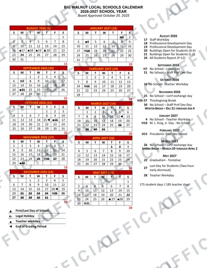 Big Walnut Local Schools 2026-27 calendar