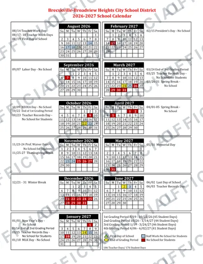Brecksville-Broadview Heights City School BBHCSD 2026-27 calendar