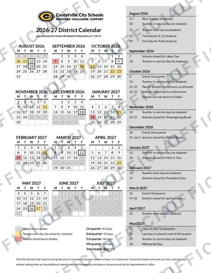 Centerville City Schools 2026-27 calendar