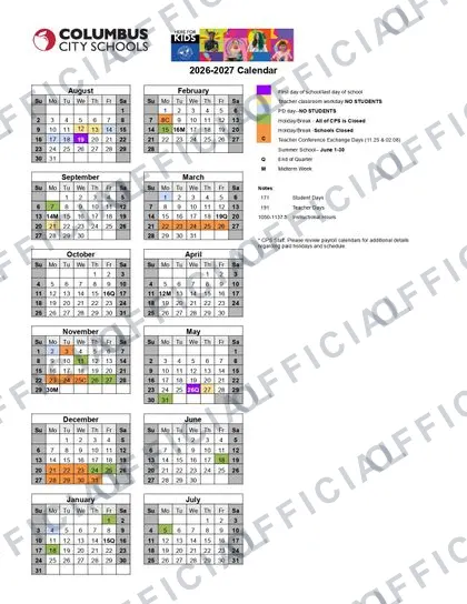 Columbus City Schools 2026-27 calendar