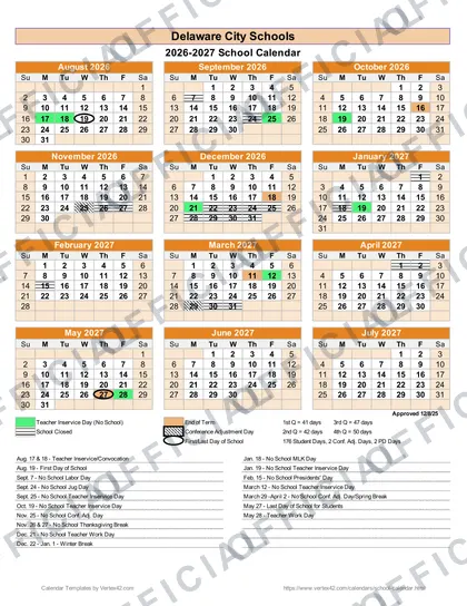 Delaware City Schools District 2026-27 calendar