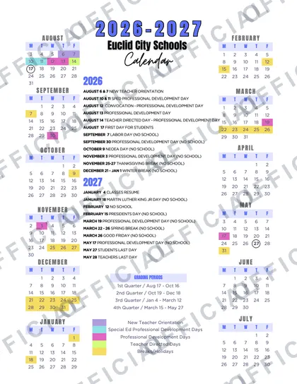 Euclid City Schools 2026-27 calendar