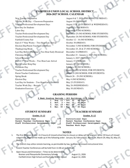 FAIRFIELD UNION LOCAL SCHOOL DISTRICT 2026-27 calendar