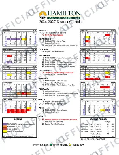 Hamilton Local School District 2026-27 calendar