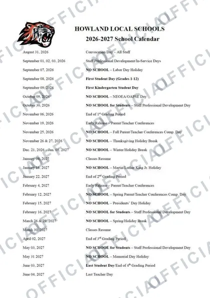 Howland Local Schools 2026-27 calendar