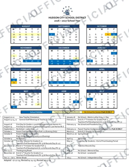 Hudson City School District 2026-27 calendar