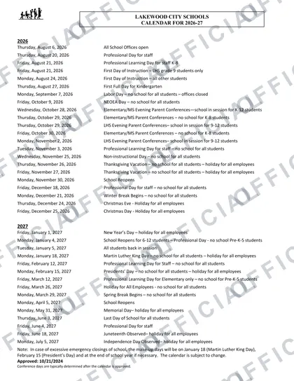 Lakewood City Schools 2026-27 calendar