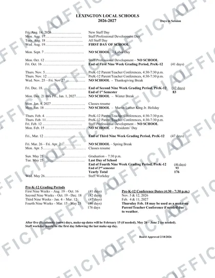 LEXINGTON LOCAL SCHOOLS 2026-27 calendar