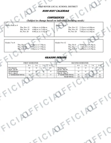 Mad River Local School District 2026-27 calendar