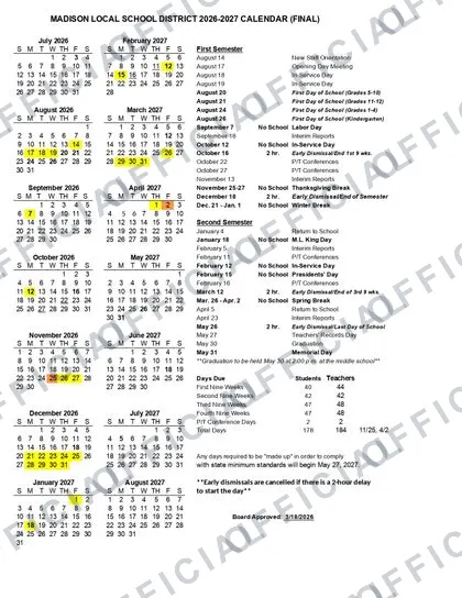 MADISON LOCAL SCHOOL DISTRICT 2026-27 calendar