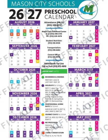 Mason City Schools 2026-27 calendar