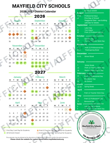 Mayfield City Schools 2026-27 calendar
