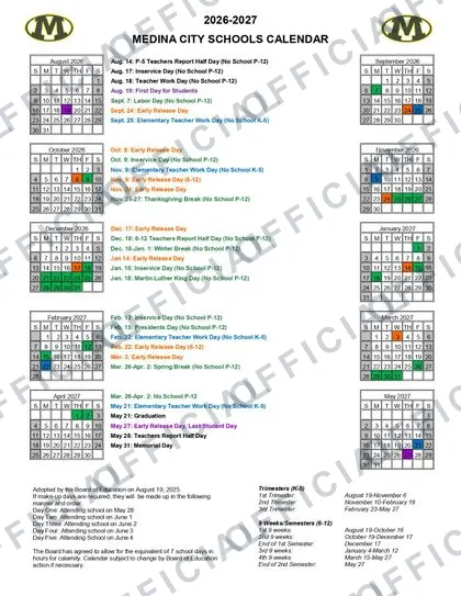 MEDINA CITY SCHOOLS 2026-27 calendar