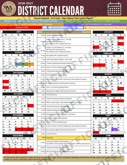 New Albany-Plain Local Schools 2026-27 calendar