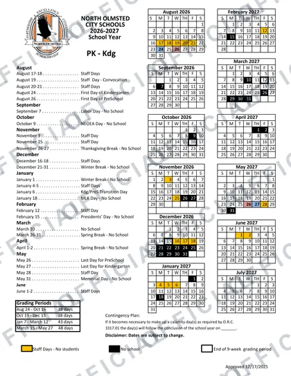 North Olmsted City Schools 2026-27 calendar