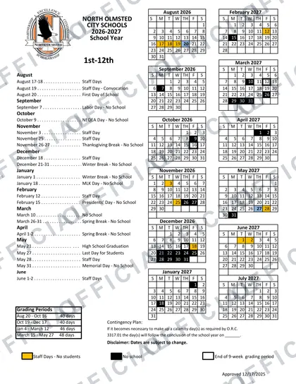 North Olmsted City Schools 2026-27 calendar