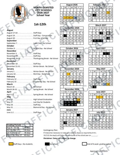 North Olmsted City Schools 2026-27 calendar