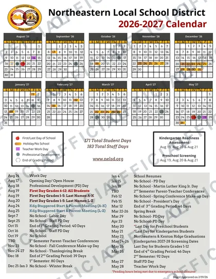 Northeastern Local School District 2026-27 calendar