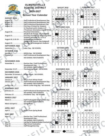 OLMSTED FALLS SCHOOL DISTRICT 2026-27 calendar