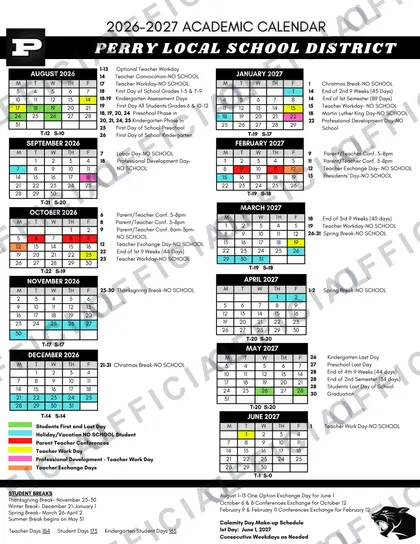 Perry Local School District 2026-27 calendar