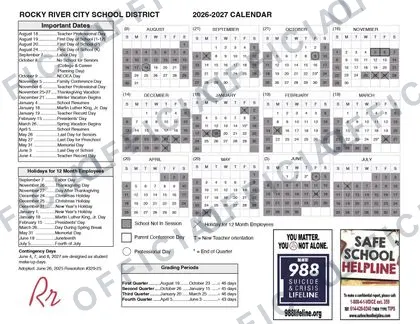 Rocky River City School District 2026-27 calendar