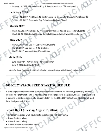 Shaker Heights City School District 2026-27 calendar