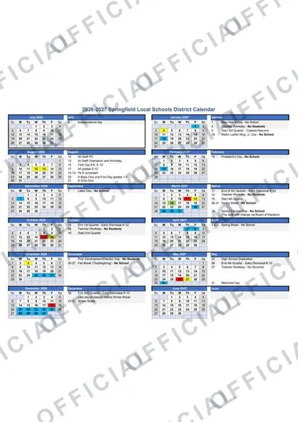 Springfield Local Schools 2026-27 calendar