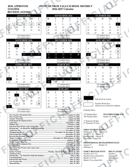Stow-Munroe Falls School District 2026-27 calendar