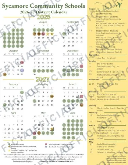 Sycamore Community Schools 2026-27 calendar