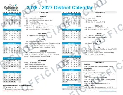 Sylvania Schools 2026-27 calendar