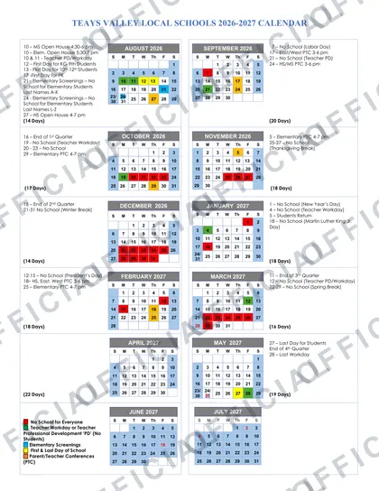 Teays Valley Local Schools 2026-27 calendar