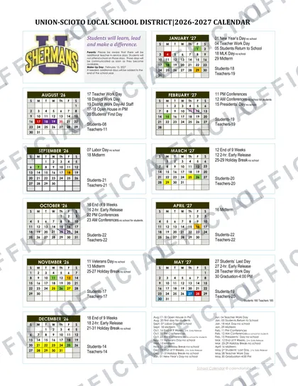 UNION-SCIOTO LOCAL SCHOOL DISTRICT 2026-27 calendar