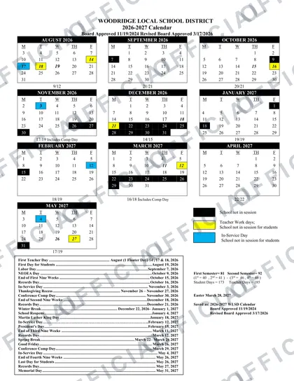 WOODRIDGE LOCAL SCHOOL DISTRICT 2026-27 calendar