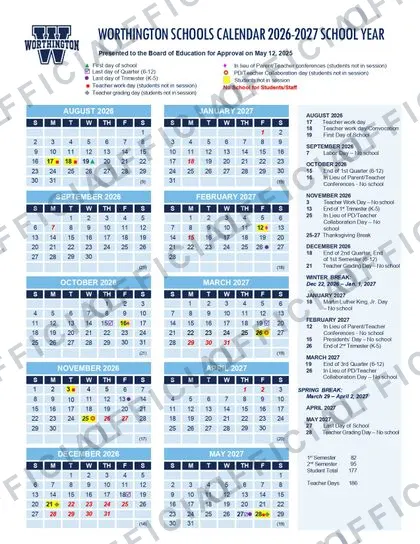 WORTHINGTON SCHOOLS 2026-27 calendar