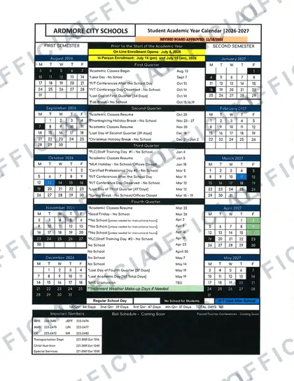 Ardmore City Schools 2026-27 calendar