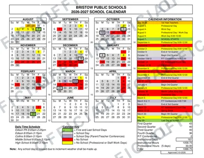 Bristow Public Schools 2026-27 calendar