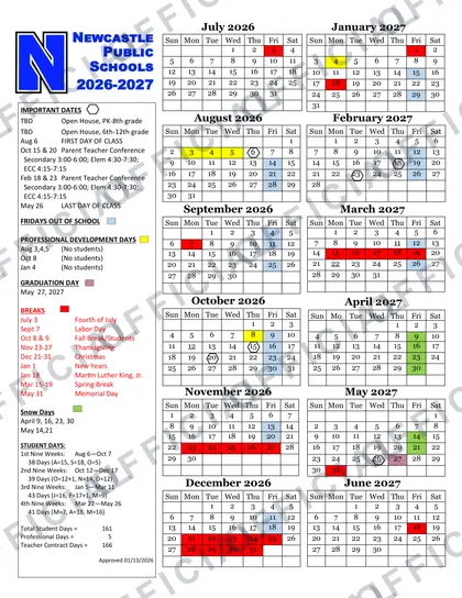 Newcastle Public Schools 2026-27 calendar