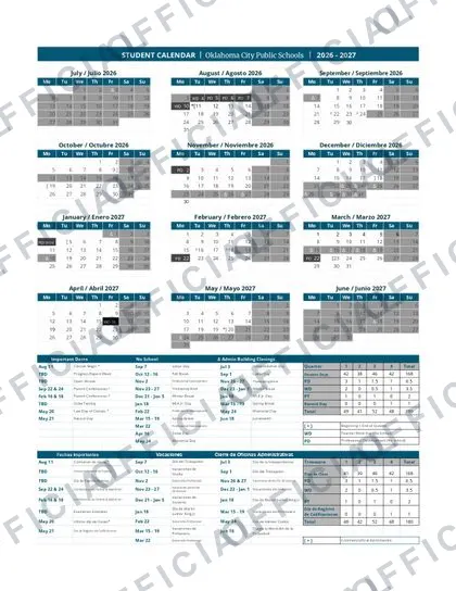 Oklahoma City Public Schools OKCPS 2026-27 calendar