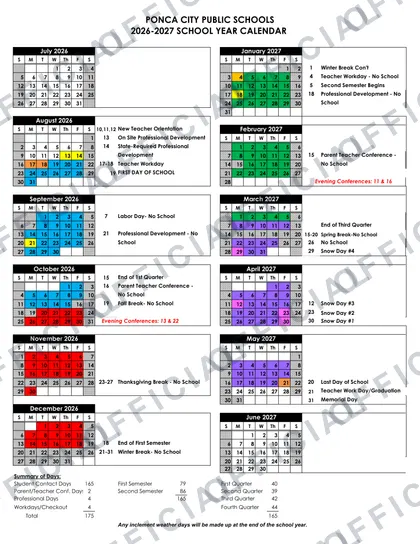 Ponca City Public Schools 2026-27 calendar