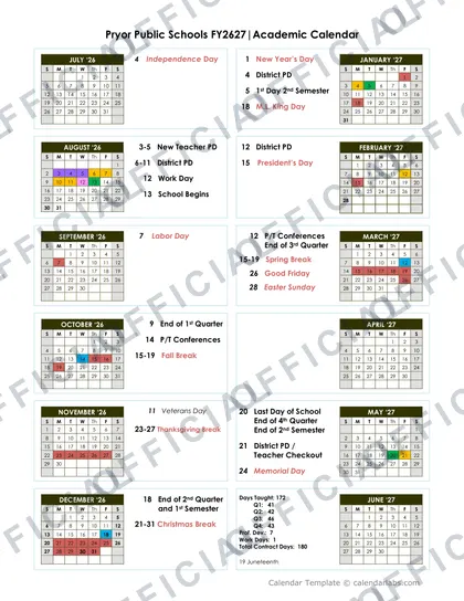 Pryor Public Schools 2026-27 calendar