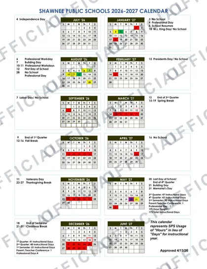 Shawnee Public Schools 2026-27 calendar