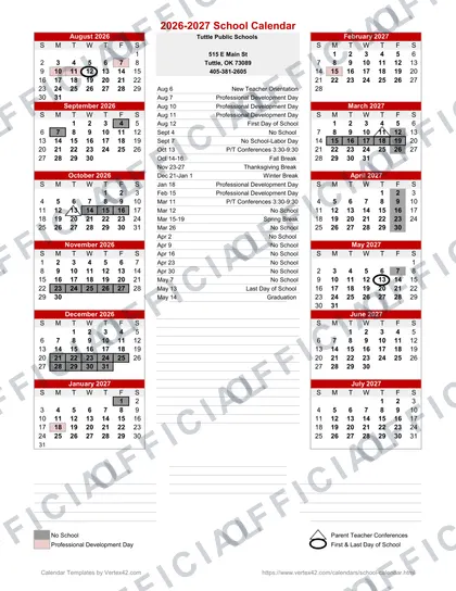 Tuttle Public Schools Rev 2 2026-27 calendar