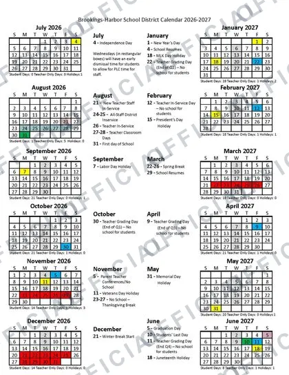 Brookings-Harbor School District 2026-27 calendar