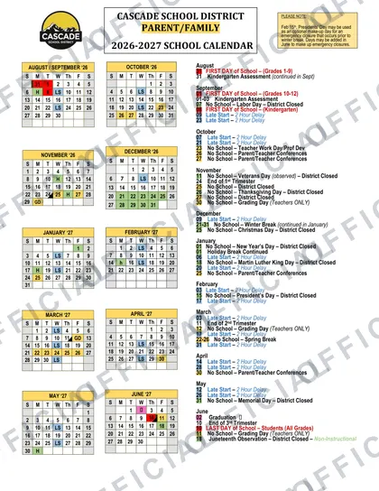 Cascade School District 2026-27 calendar