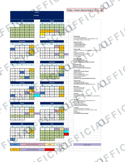Days Creek School District 2026-27 calendar