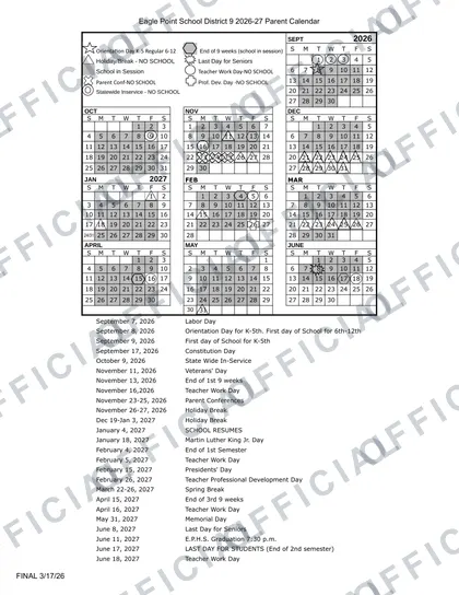 Eagle Point School District 9 2026-27 calendar
